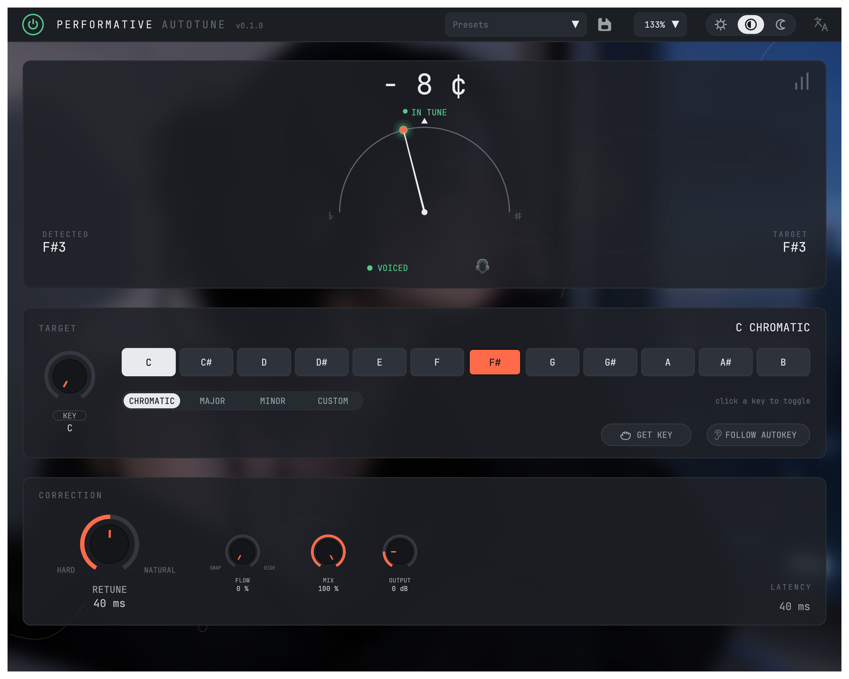 The full Performative Autotune plugin window, Graphite theme