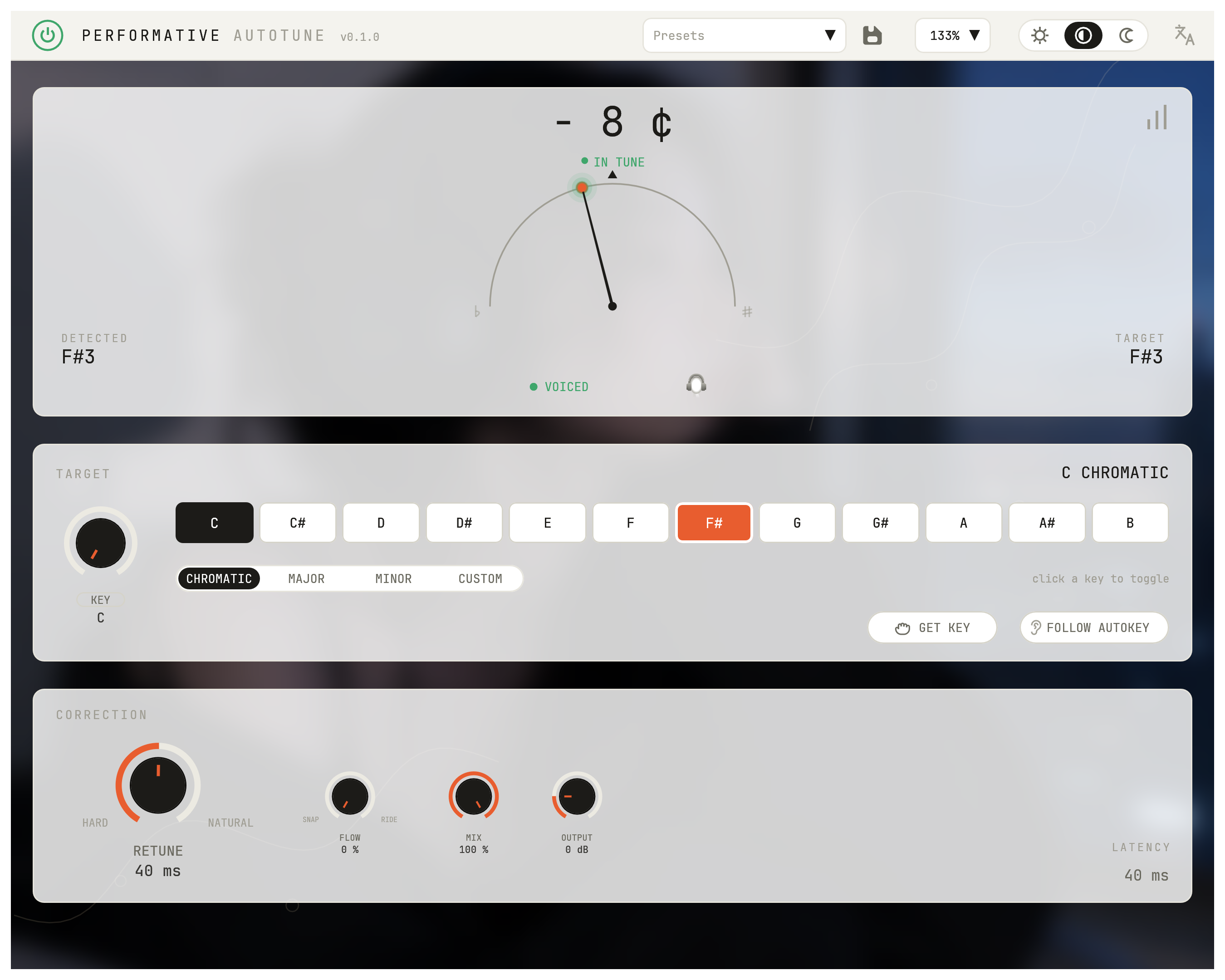 The full Performative Autotune plugin window, Porcelain theme